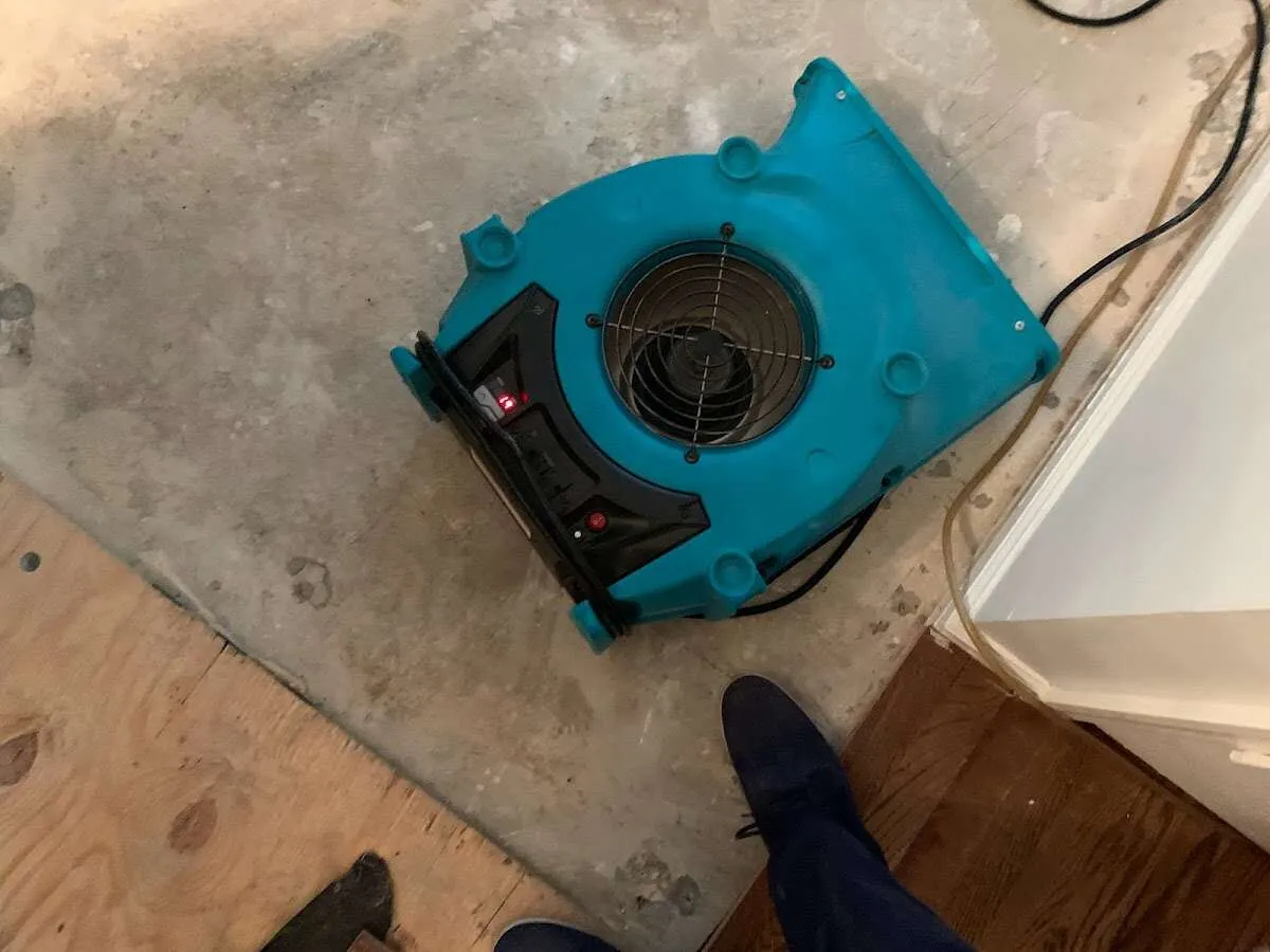 Air mover drying subfloor during Leak Detection & Repair in Port Hueneme